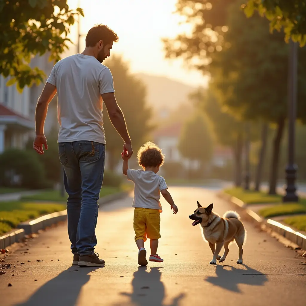 Pai solteiro divorciado passeando com filho e cachorro